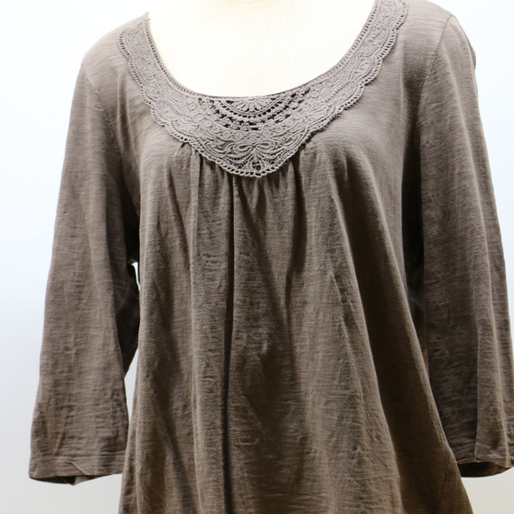 St. Johns Brown Long Sleeve Crochet Neck Blouse XL